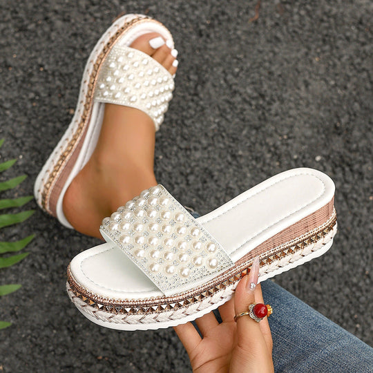 Damen Elegante Wedge-Pantoletten mit Perlenverzierungen und rutschfester Sohle