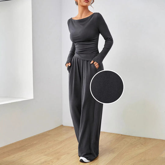 Damen Loungewear-Set aus weichfallendem Jersey mit U-Boot-Ausschnitt, tailliertem Longsleeve und weiter Palazzo-Hose Nord Taschen