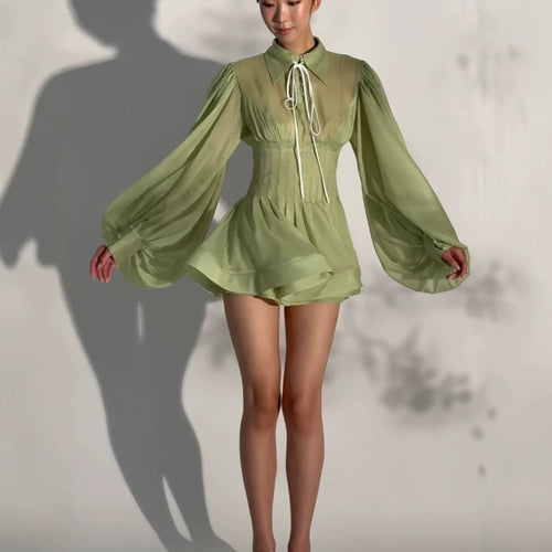 Damen Transparentes Chiffon-Minikleid mit Korsagenoptik, Puffärmeln und ausgestelltem Rock Nord Taschen