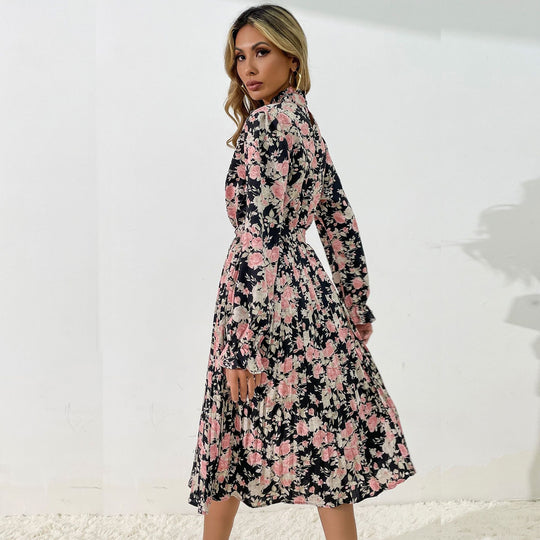 Damen Midikleid mit Blumenprint, Plissée‑Rock, Stehkragen und Bindegürtel Nord Taschen