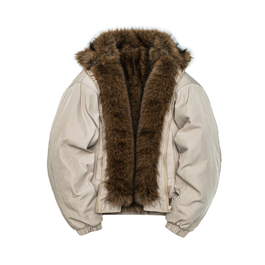 Damen Oversize wattierte Bomberjacke mit elastischem Saum und Kunstfellbesatz Nord Taschen