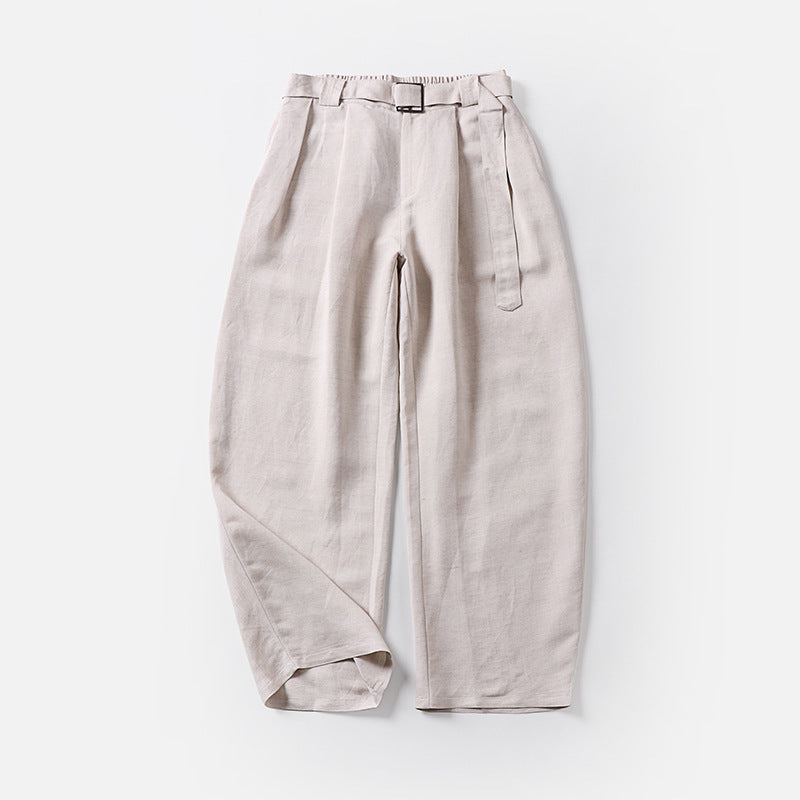 Damen Hochtaillierte Leinen-Baumwoll Bundfaltenhose mit Bindegürtel und tapered Bein Nord Taschen