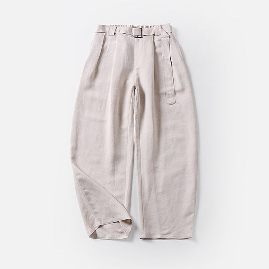 Damen Hochtaillierte Leinen-Baumwoll Bundfaltenhose mit Bindegürtel und tapered Bein Nord Taschen