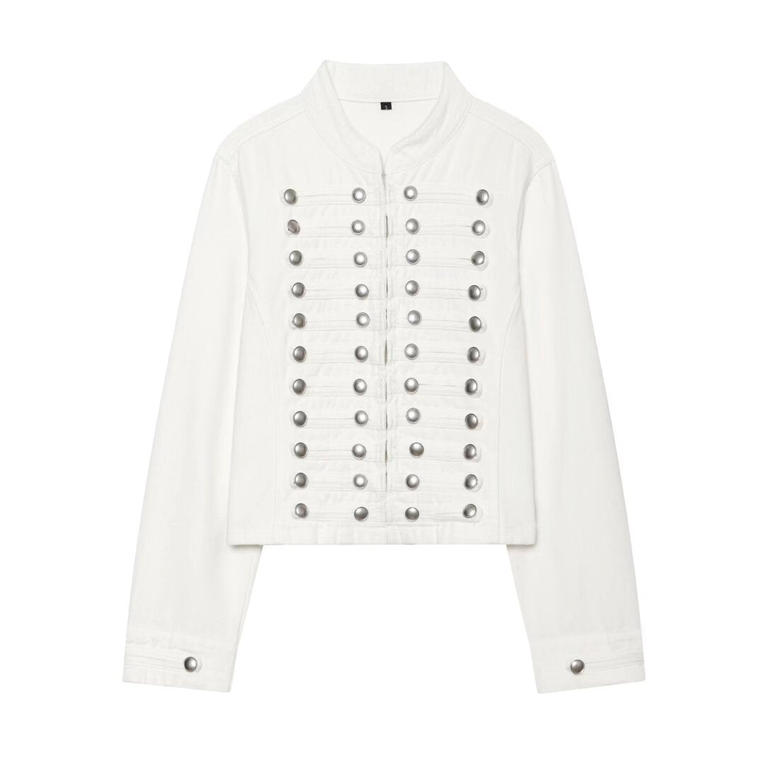 Damen Cropped Denim‑Blouson im Frackstil mit dekorativen Reihenknöpfen Nord Taschen