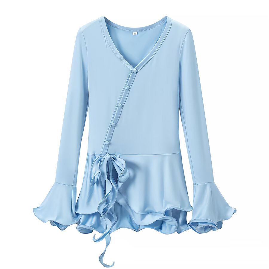 Damen Wickelbluse mit asymmetrischer Knopfleiste, Volant-Saum und Trompetenärmeln Nord Taschen