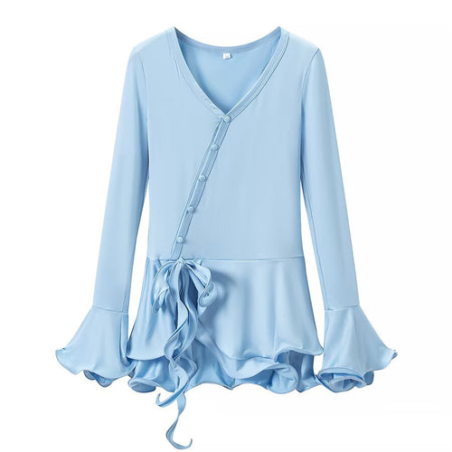 Damen Wickelbluse mit asymmetrischer Knopfleiste, Volant-Saum und Trompetenärmeln Nord Taschen