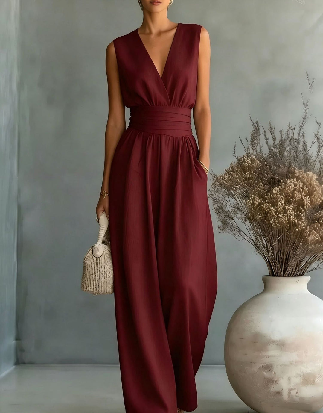 Eleganter Ärmelloser Jumpsuit mit Tiefem V-Ausschnitt, Taillenbund und Weitem Bein Avellé