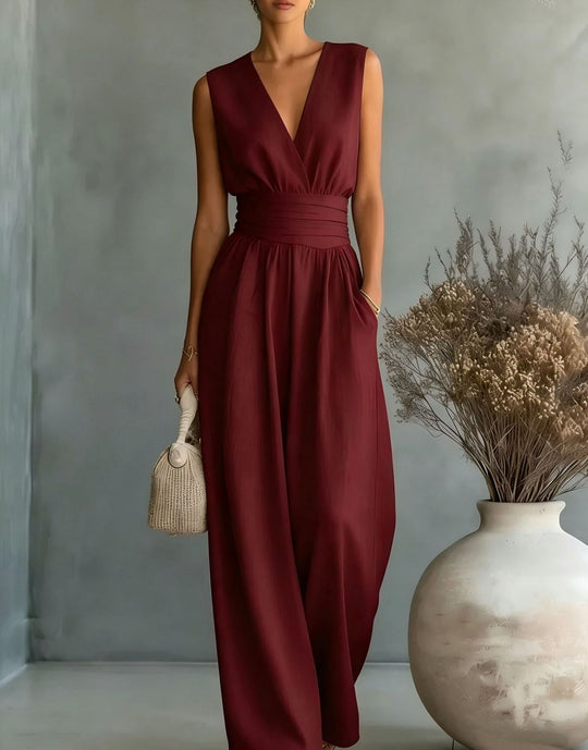 Eleganter Ärmelloser Jumpsuit mit Tiefem V-Ausschnitt, Taillenbund und Weitem Bein Avellé