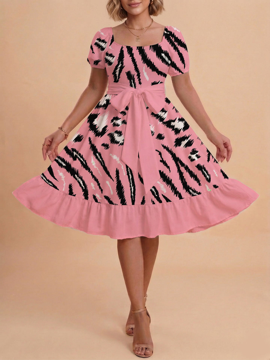 Damen Sommerliches Blumenkleid mit taillierbarem Gürtel und voluminösen Ärmeln