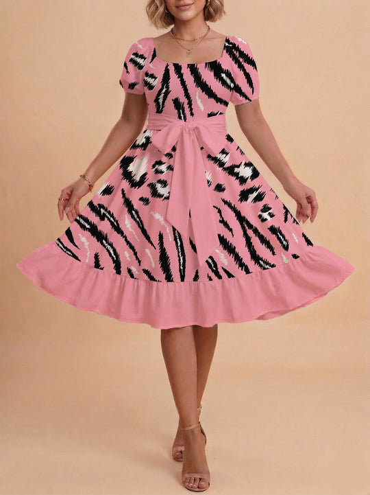 Damen Sommerliches Blumenkleid mit taillierbarem Gürtel und voluminösen Ärmeln