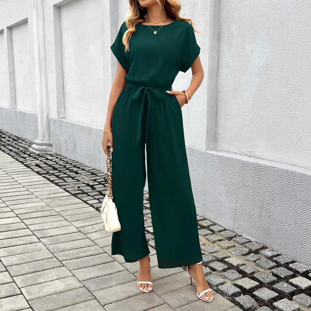 Damen Eleganter Jumpsuit mit weitem Bein und Taillenknoten Nord Taschen