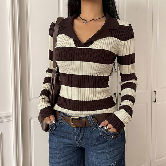 Damen Langarm Strickoberteil mit Polo-Kragen Nord Taschen