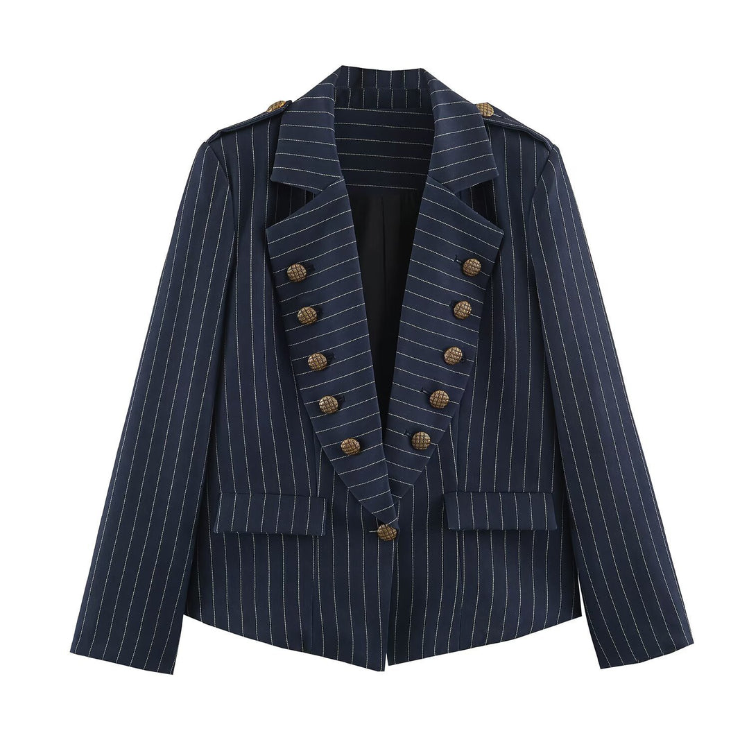 Damen taillierter Doppelreiher-Nadelstreifenblazer mit Schulterklappen Nord Taschen