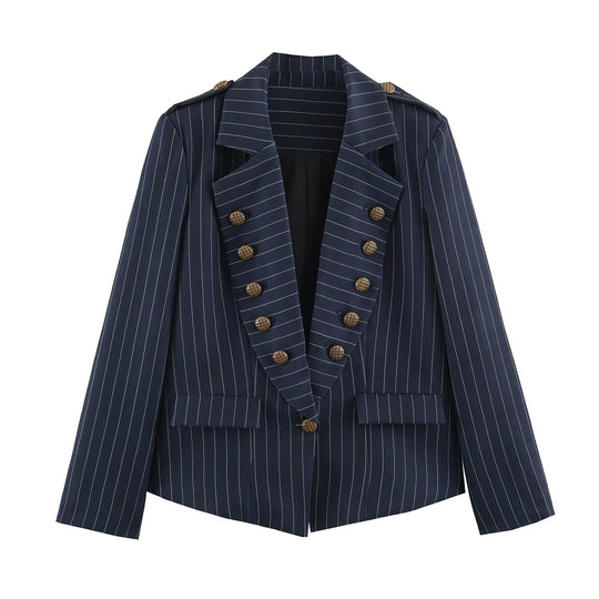 Damen taillierter Doppelreiher-Nadelstreifenblazer mit Schulterklappen Nord Taschen