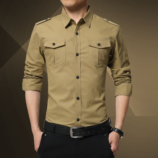 Herren Slim-Fit Baumwoll-Mix Utility-Hemd mit Schulterklappen und Brustpattentaschen Nord Taschen