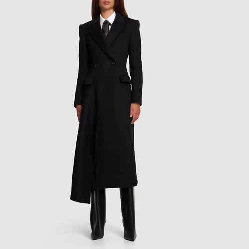Damen Maxilanger Asymmetrischer Doppelreihiger Blazer‑Mantel mit betonter Schulter Nord Taschen
