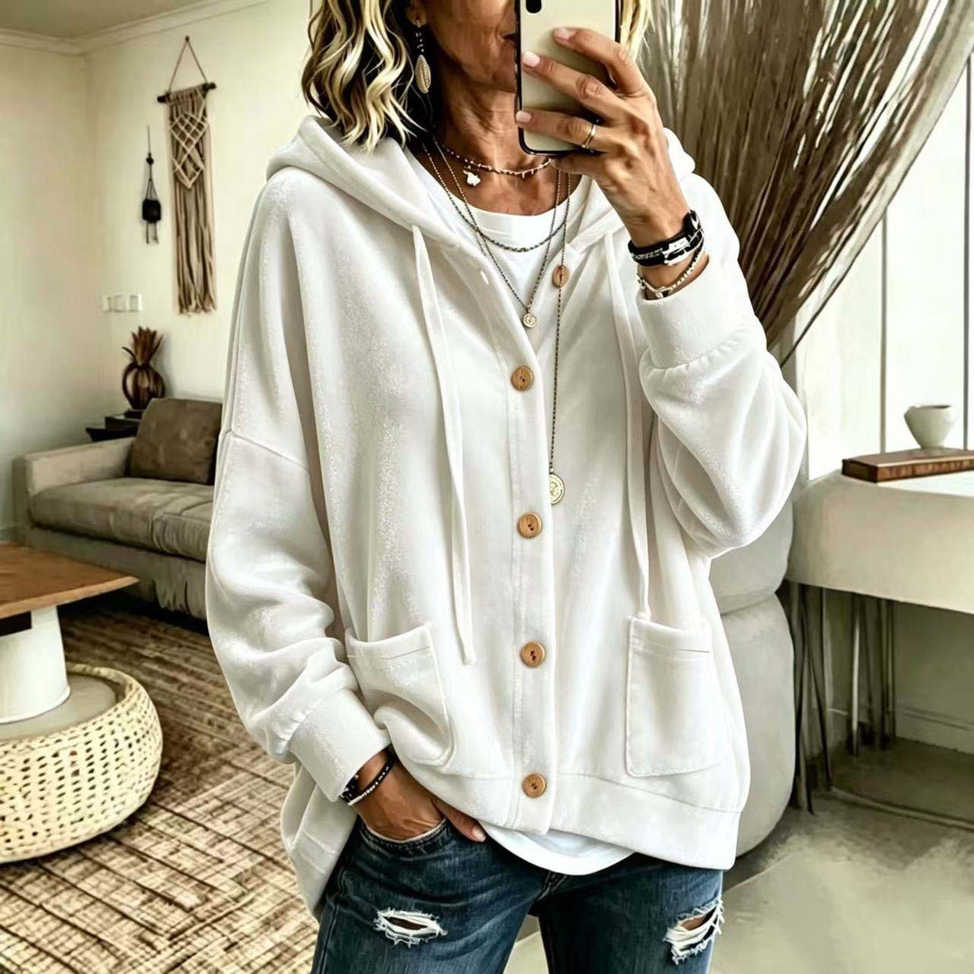 Damen Oversize Kapuzen-Samtjacke mit Knopfleiste und aufgesetzten Taschen Nord Taschen