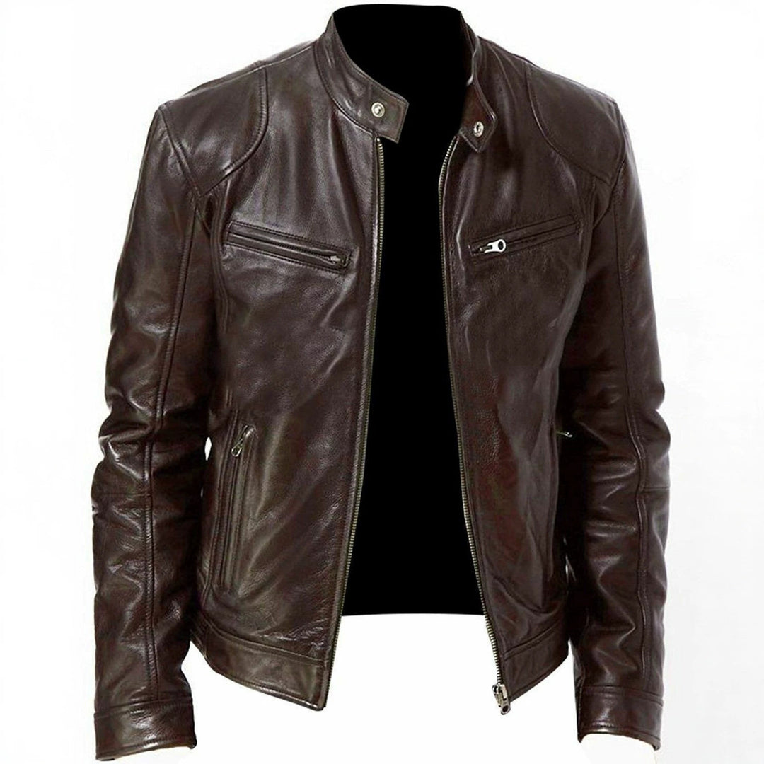Herren vintage-inspirierte Lederjacke im Bikerstil mit Stehkragen und sichtbaren Reißverschlüssen Nord Taschen