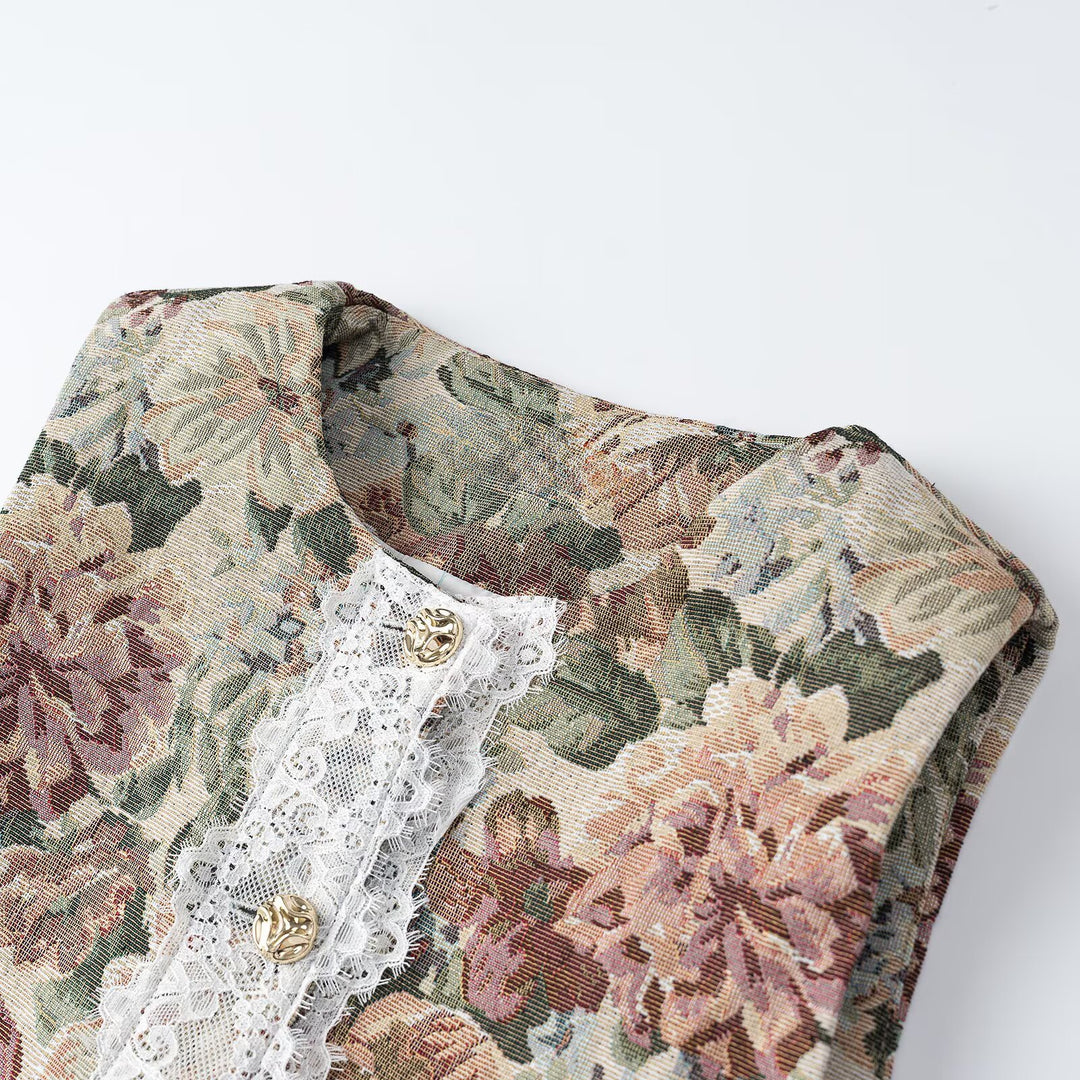 Damen Elegante Brokatweste mit floraler Jacquardstruktur, Zierknöpfen und Spitzenblende Nord Taschen