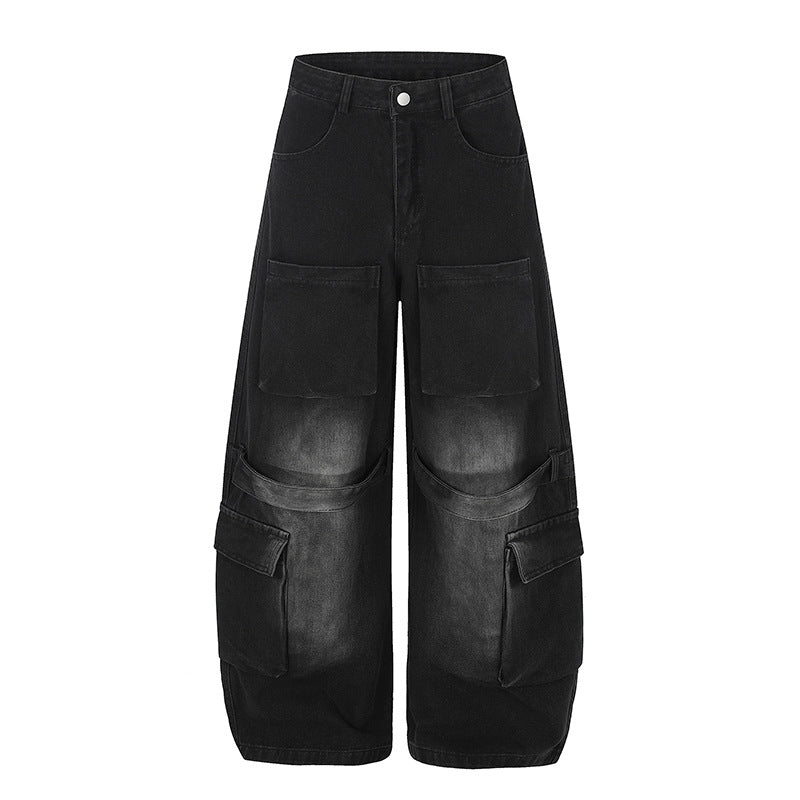 Damen Hochgeschnittene weite Cargo-Palazzo-Jeans mit großen aufgesetzten Taschen und Vintage-Waschung Nord Taschen