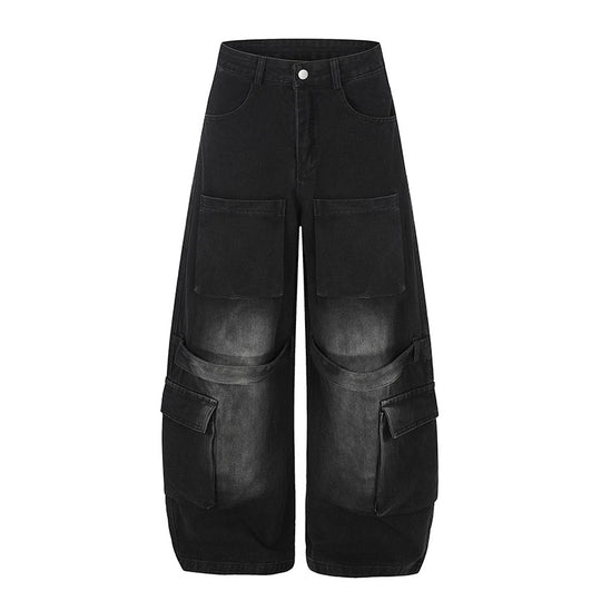 Damen Hochgeschnittene weite Cargo-Palazzo-Jeans mit großen aufgesetzten Taschen und Vintage-Waschung Nord Taschen