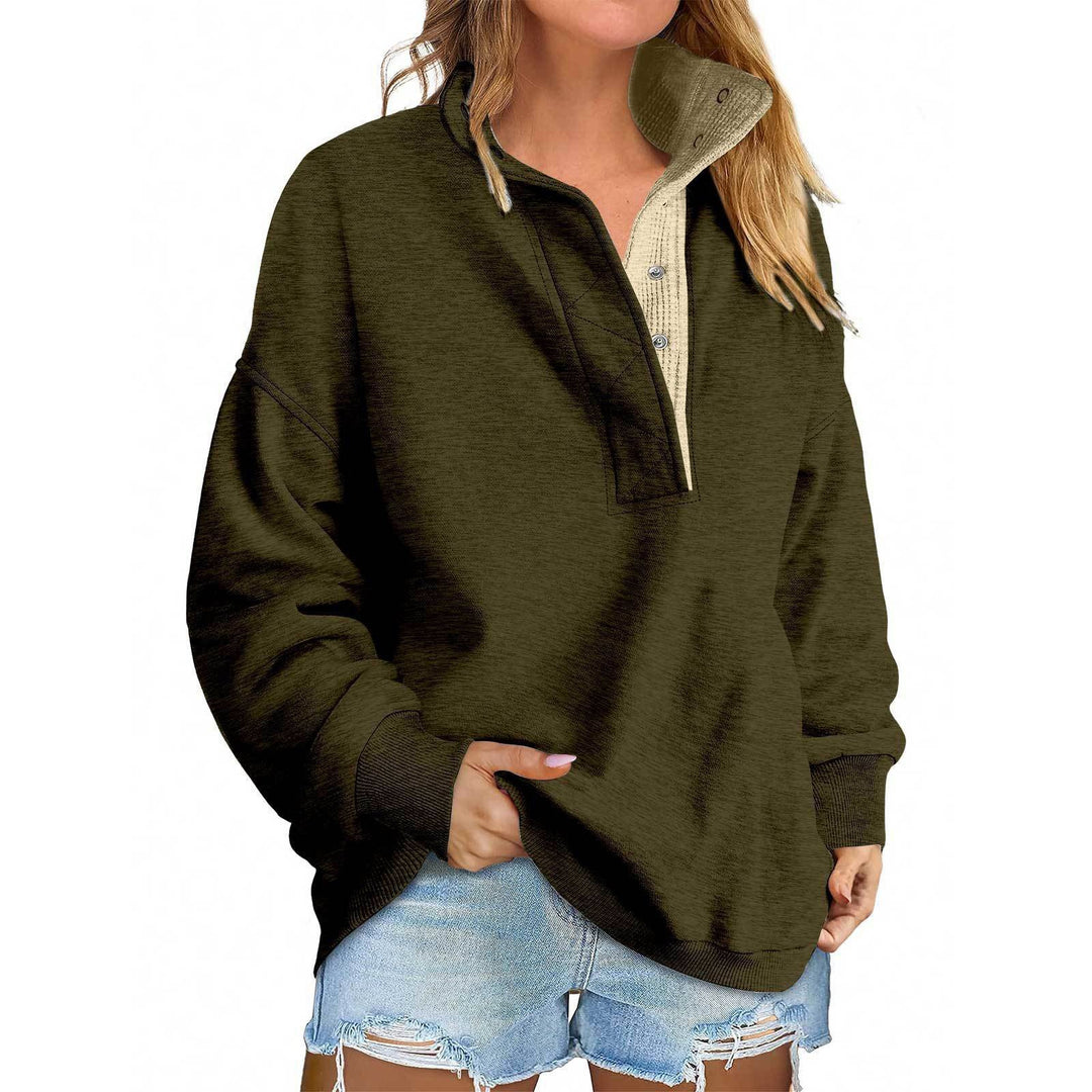 Damen Oversize-Henley-Sweatshirt mit Stehkragen und Druckknopfleiste Nord Taschen