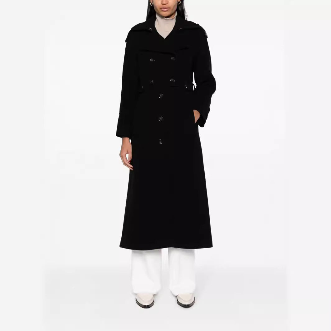 Damen Bodenlanger Doppelreihiger Trenchcoat aus Wollmix mit Schulterpatten und verdecktem Taillengürtel Nord Taschen
