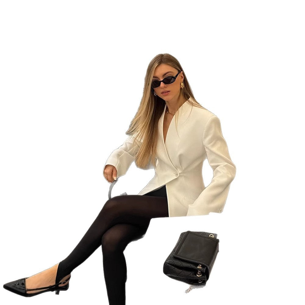 Damen Asymmetrischer taillierter Blazer-Mantel mit One-Button-Verschluss Nord Taschen