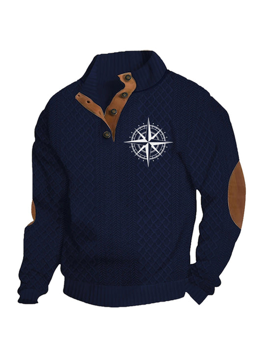 Herren nan Heritage-Strukturpullover mit Stehkragen Lederimitat-Besatz Ellenbogen-Patches und Halbknopfleiste
