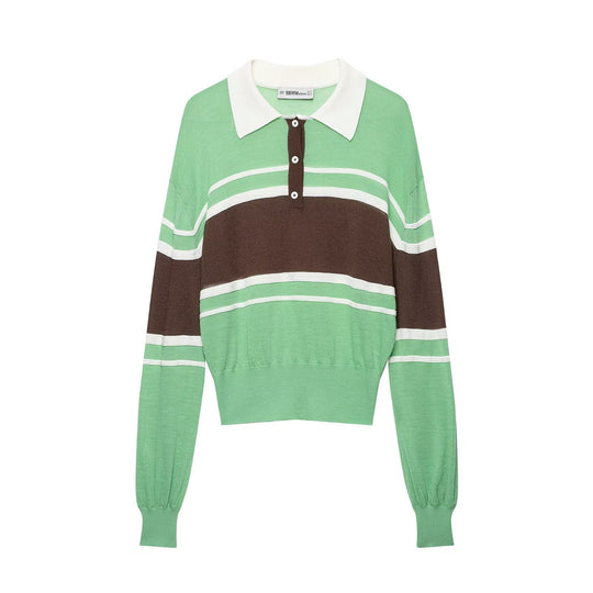 Damen Gestreifter Feinstrick‑Rugby‑Pullover mit Polokragen und cropped Bund Nord Taschen