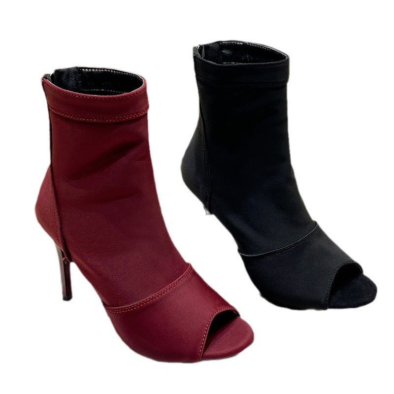 Damen Offene Zehenstiefelette mit Stretchschaft und schmalem Stilettoabsatz Nord Taschen
