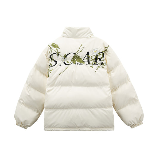 Damen Gepolsterte Oversize-Steppjacke mit Stehkragen und Blumenstickerei Nord Taschen