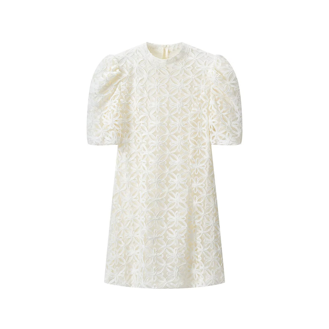 Damen A-Linien Mini-Kleid mit dreidimensionaler Blumenstickerei und Puffärmeln Nord Taschen
