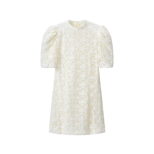 Damen A-Linien Mini-Kleid mit dreidimensionaler Blumenstickerei und Puffärmeln Nord Taschen