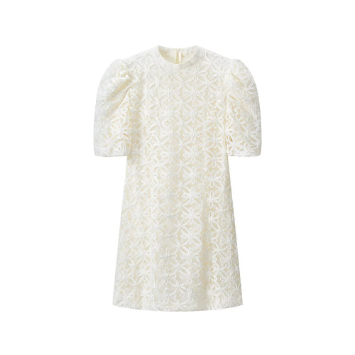 Damen A-Linien Mini-Kleid mit dreidimensionaler Blumenstickerei und Puffärmeln Nord Taschen