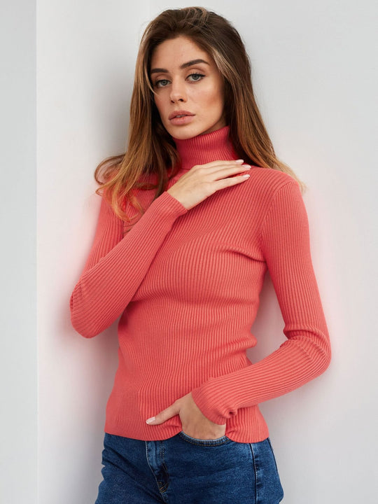 Damen Figurbetonter Rippstrick-Rollkragenpullover Nord Taschen