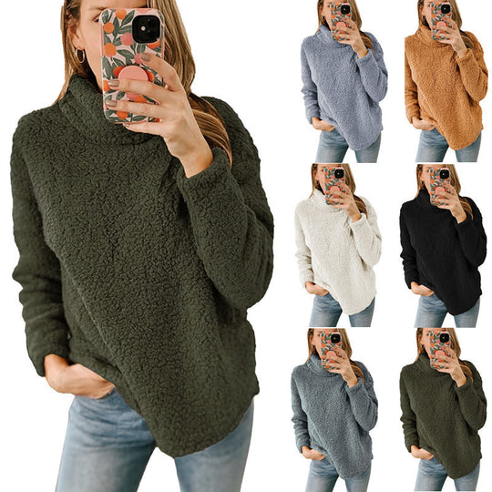 Damen Kuscheliger Oversize‑Teddy‑Pullover mit Stehkragen und gerundetem Saum Nord Taschen