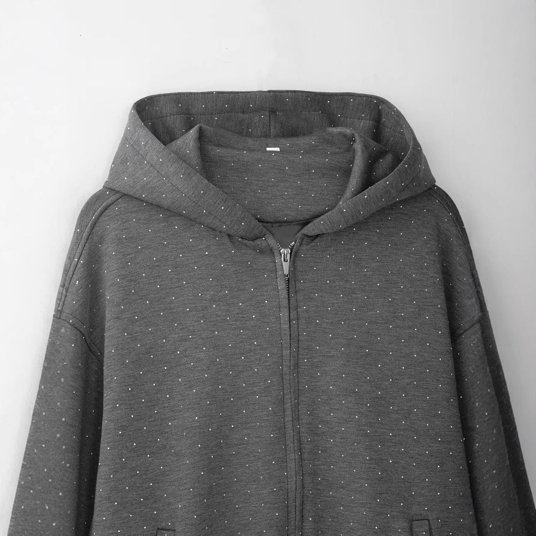 Damen Oversized Kapuzenjacke mit durchgehendem Reißverschluss, elastischem Saum und dezentem Punktmuster Nord Taschen