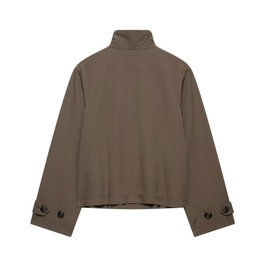Damen Kurz geschnittener Doppelreihiger Trenchcoat mit Stehkragen und verstellbaren Ärmelriemen Nord Taschen