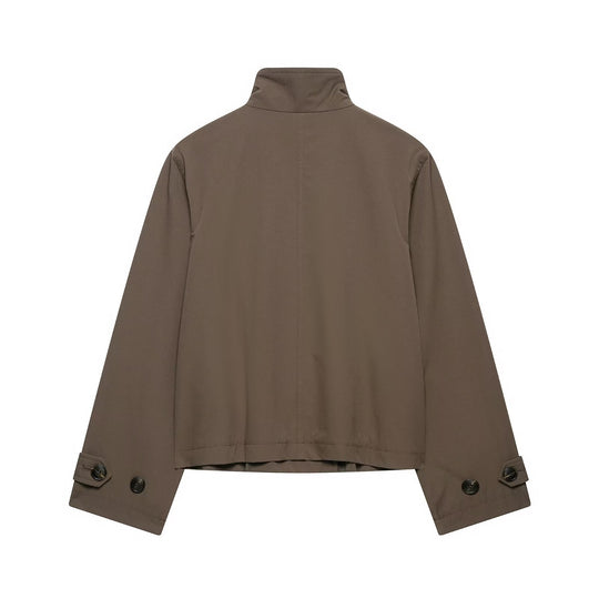 Damen Kurz geschnittener Doppelreihiger Trenchcoat mit Stehkragen und verstellbaren Ärmelriemen Nord Taschen