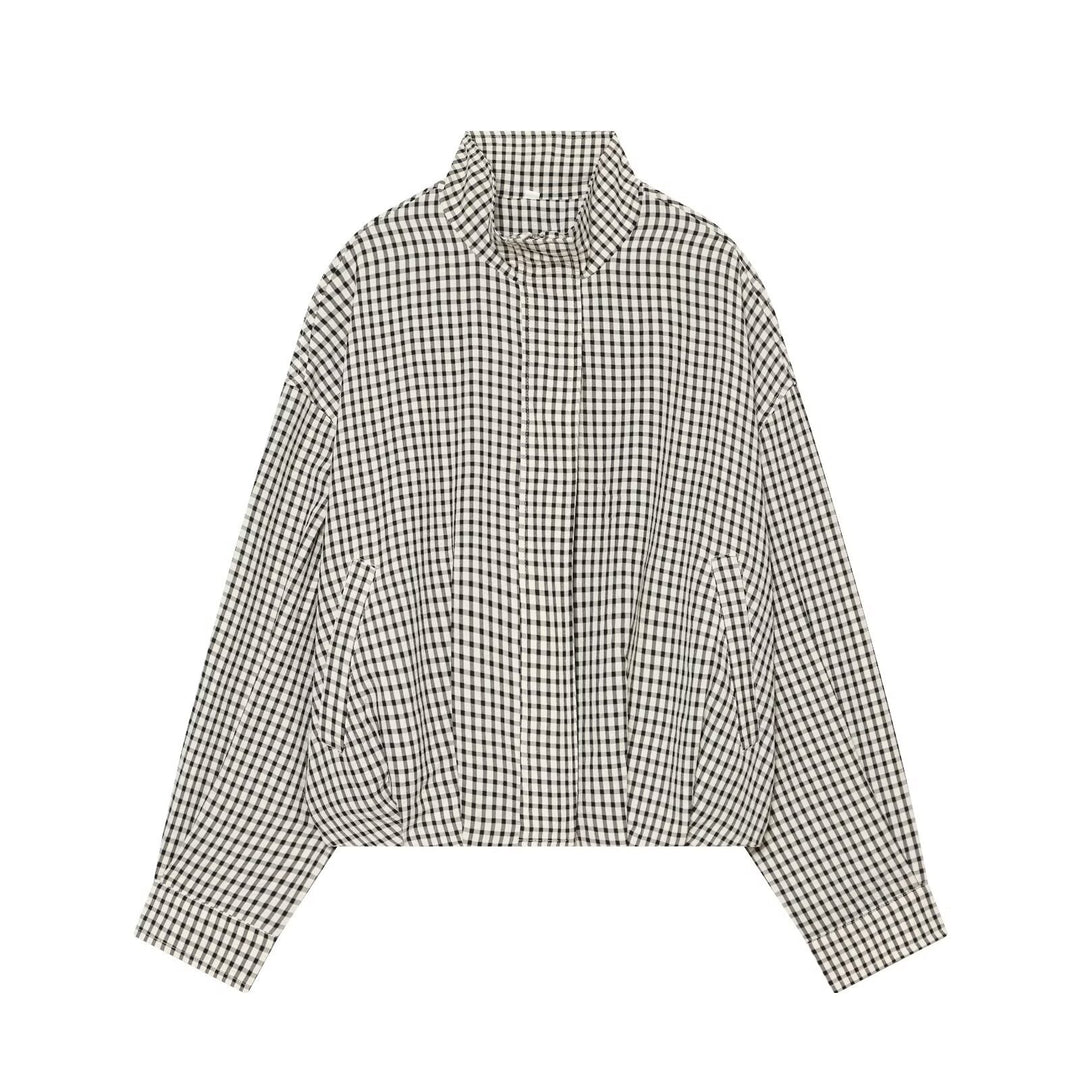 Damen Cropped Boxy-Jacke im Vichy-Karo mit Funnelkragen und verdeckter Knopfleiste Nord Taschen
