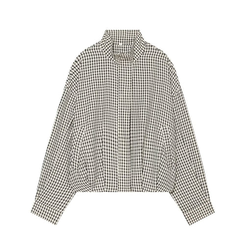 Damen Cropped Boxy-Jacke im Vichy-Karo mit Funnelkragen und verdeckter Knopfleiste Nord Taschen