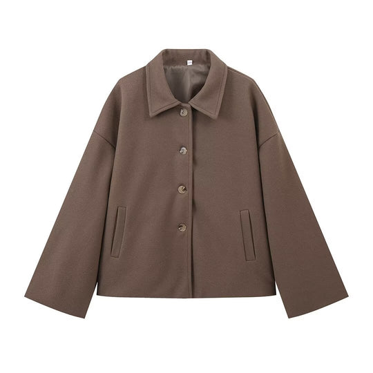 Damen Kurzjacke im Boxy‑Schnitt aus Wollmix mit Hemdkragen und verdeckter Knopfleiste Nord Taschen