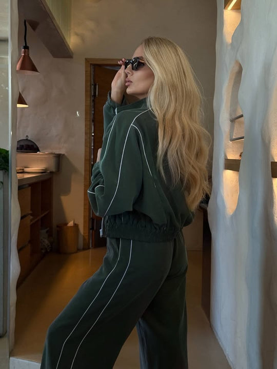 Damen kurzes Samt-Zip-Hoodie mit Tunnelzug und fließender Palazzo-Jogginghose Nord Taschen
