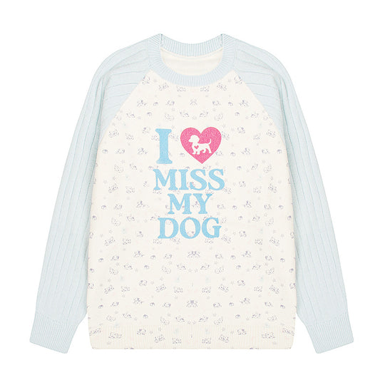 Damen Strickpullover mit Raglanärmeln, Allover-Hundemotiv und Statement-Print Nord Taschen