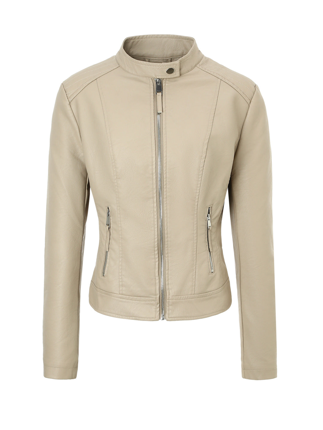 Damen Slim-Fit Biker-Lederjacke mit Stehkragen Nord Taschen