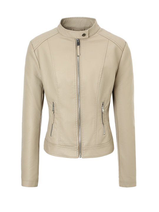 Damen Slim-Fit Biker-Lederjacke mit Stehkragen Nord Taschen