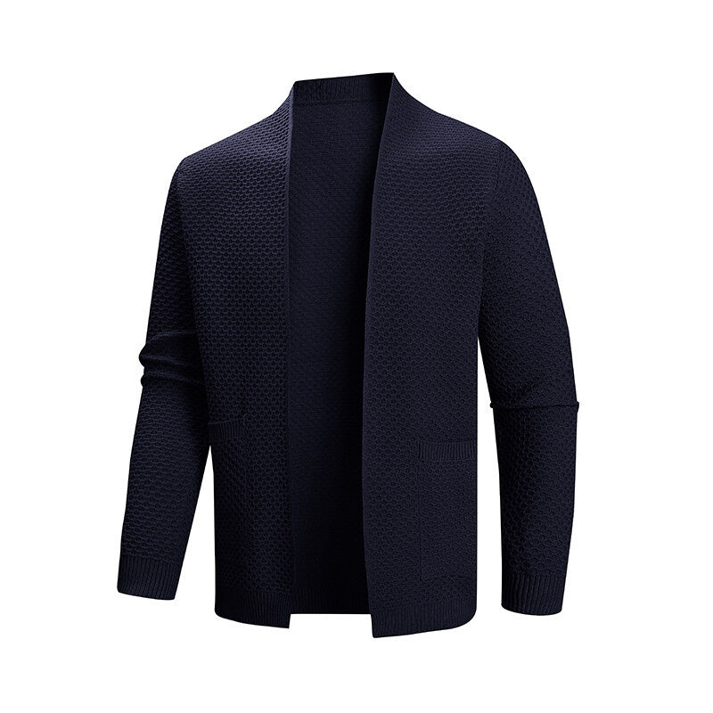 Herren offener Waffelstrick-Cardigan mit Schalkragen, aufgesetzten Taschen und gerippten Bündchen Nord Taschen