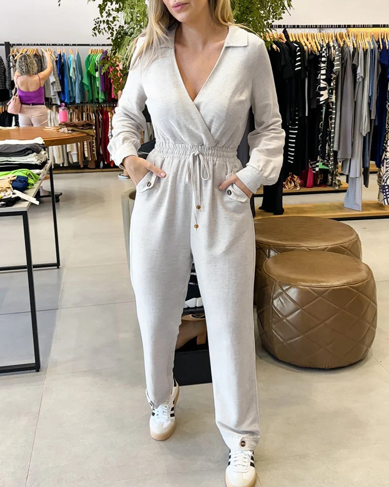 Damen Stilvoller Jumpsuit mit Wickeldesign und Taillengürtel Nord Taschen