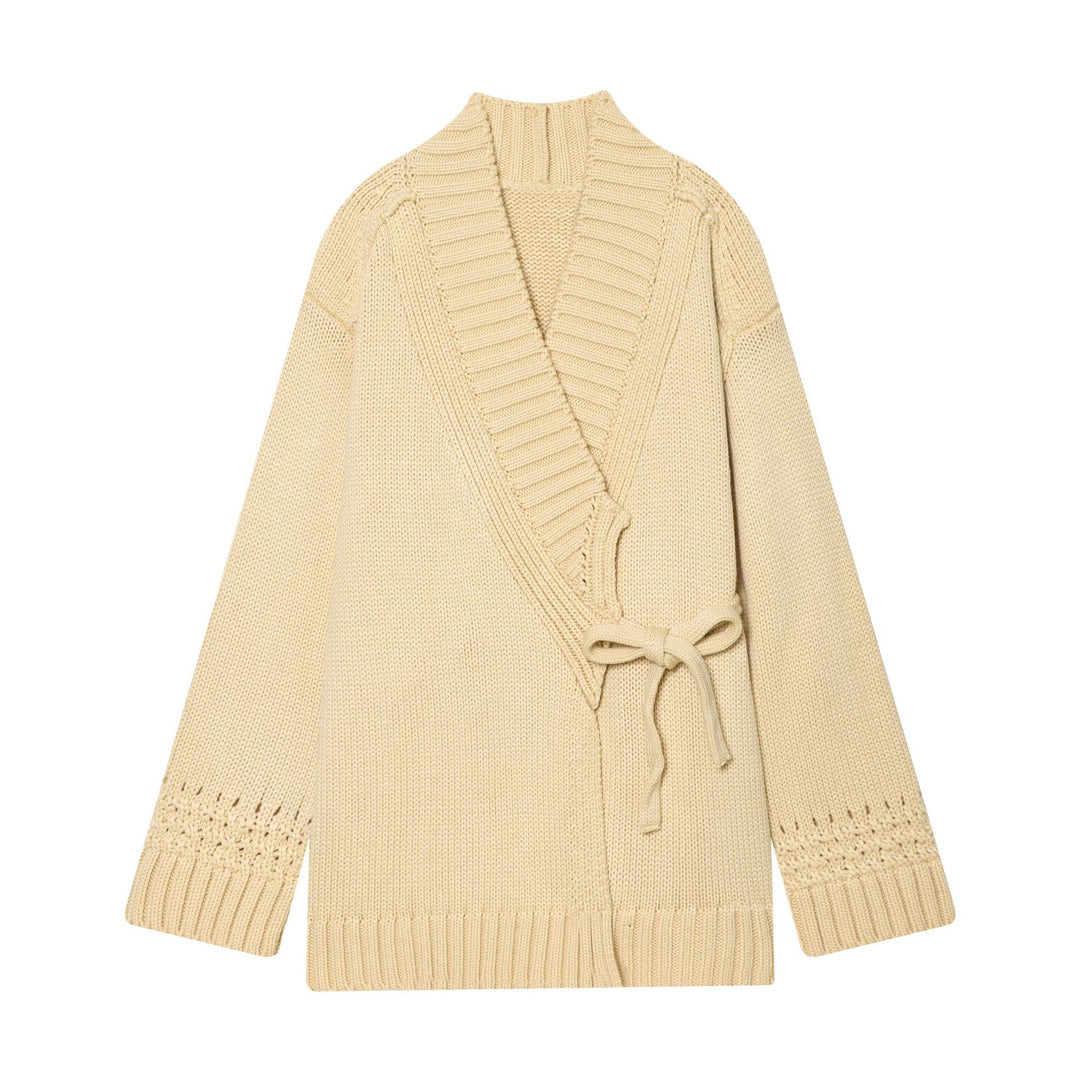 Damen Wickelcardigan mit Schalkragen, Grobstrick und Bindegürtel Nord Taschen